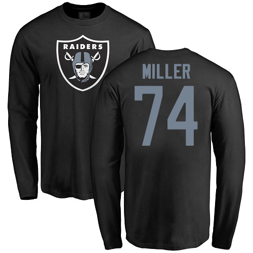 Men Oakland Raiders Olive Kolton Miller Name and Number Logo NFL Football #74 Long Sleeve T Shirt